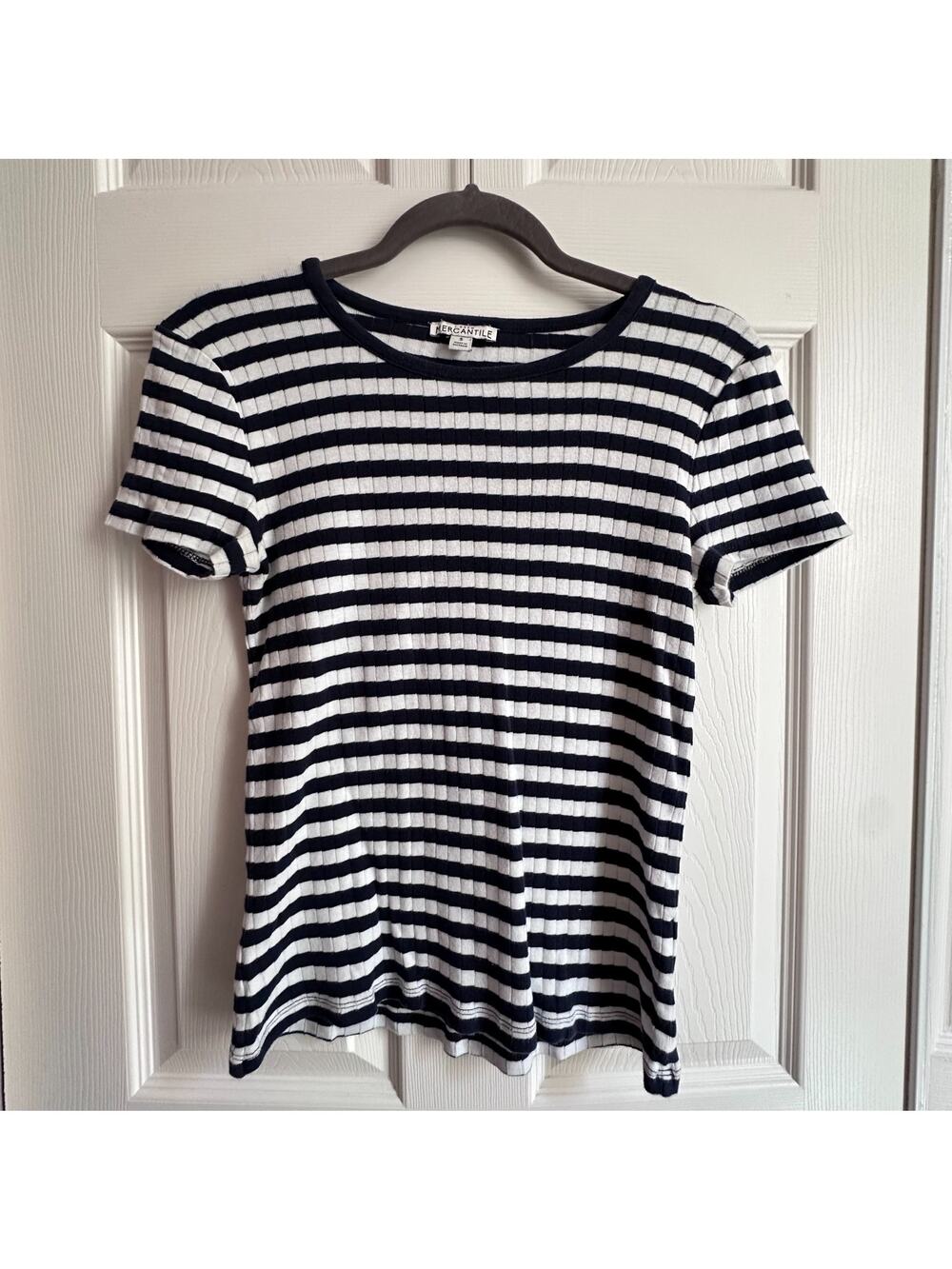J Crew Mercantile Navy White Stripe Ribbed Crew Neck Cotton T-shirt Womens Small